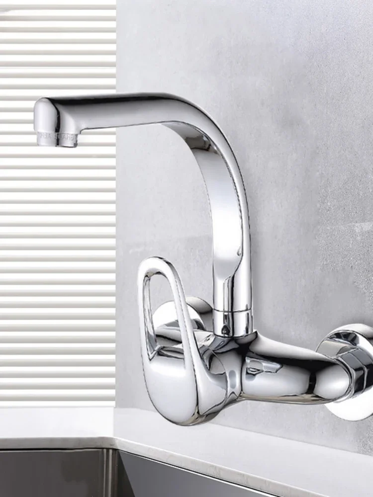 

Wall Mounted Kitchen Faucet Copper Vessel Sink Vegetable Basin Tap Dual Hole Hot Cold Water Mixer Tap Swivel Spout Mop Pool Tap