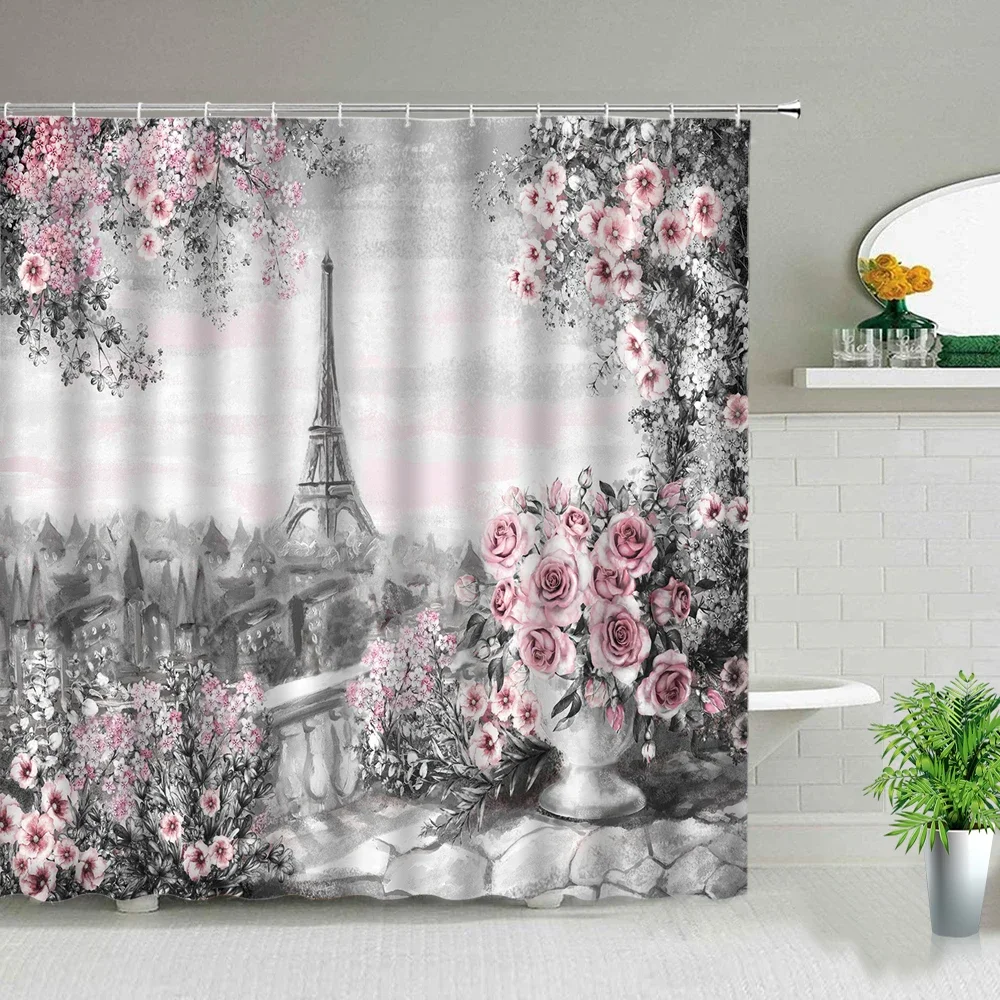 London Big Ben Paris Tower Red Bus Shower Curtain Building Landscape Bathroom Curtains Waterproof Fabric Bath Screen With Hooks