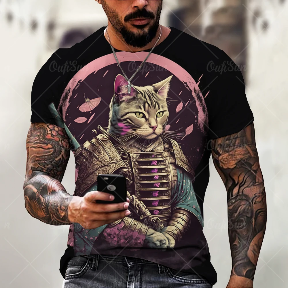 Japanese Samurai Cat Print Men\'s T-shirt Funny 3D Animal Pattern T-shirt Summer Casual O-Neck Loose Top Short Sleeve T-shirt Men