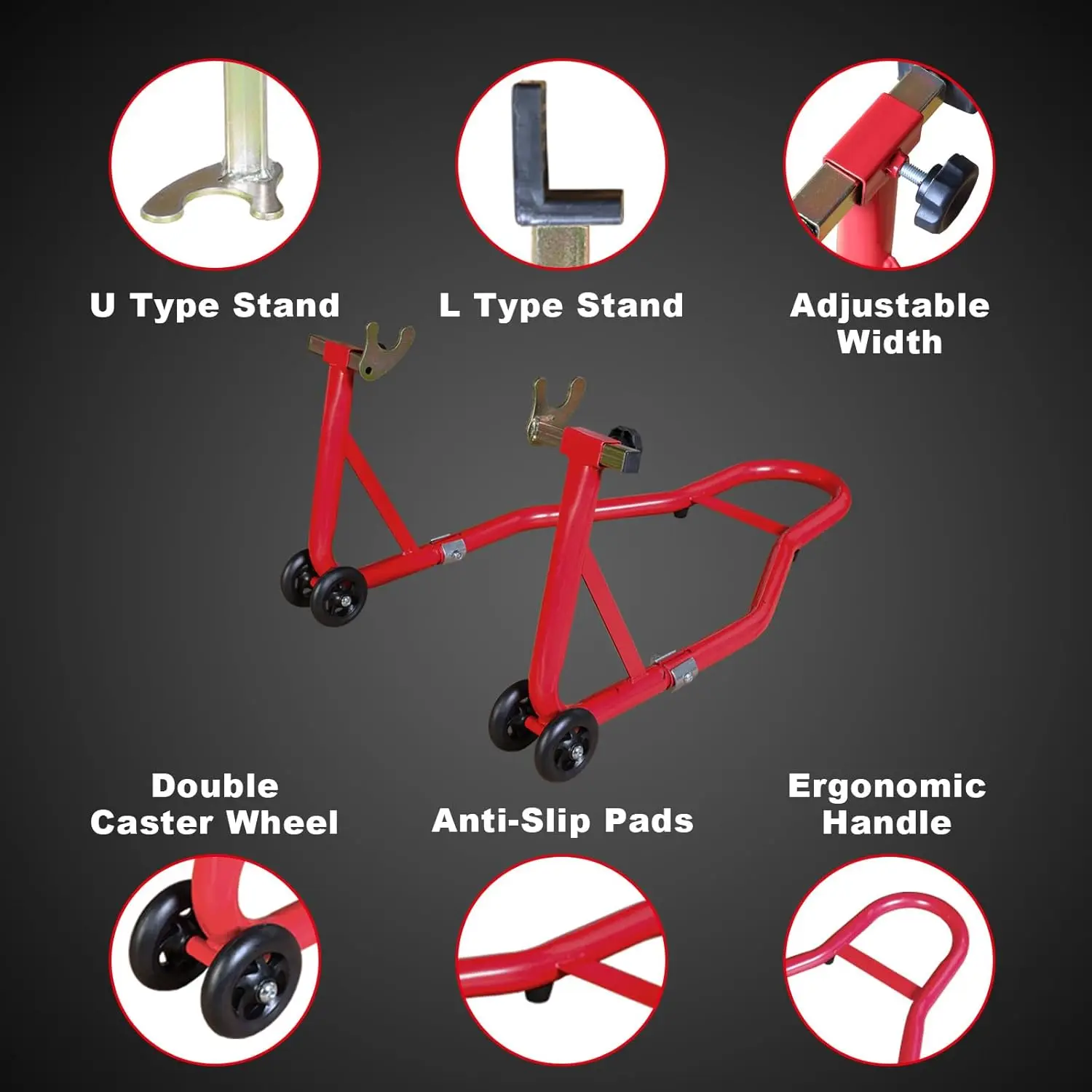 Motorcycle Front & Rear Stand Combo Universal Wheel Lift Paddock Stand with Prong Adapters+L Adjustable Swingarm Spool