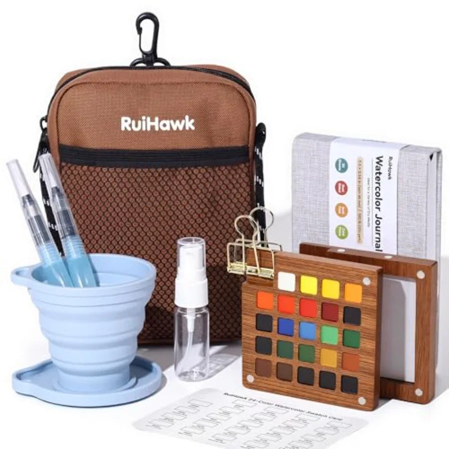 

24-Color Watercolor Paint Set, All-in-One Travel Water Color Kit with Wood Palette, Sketchbook and Bag, Non-Toxic Portable Pain