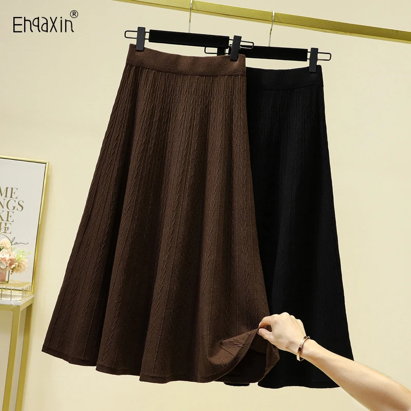 

EHQAXIN Fashion Womens Skirt All-Match 2022 Autumn Winter High Waist Knit Casual Loose A-Line Midi Skirts For Ladies L-4XL