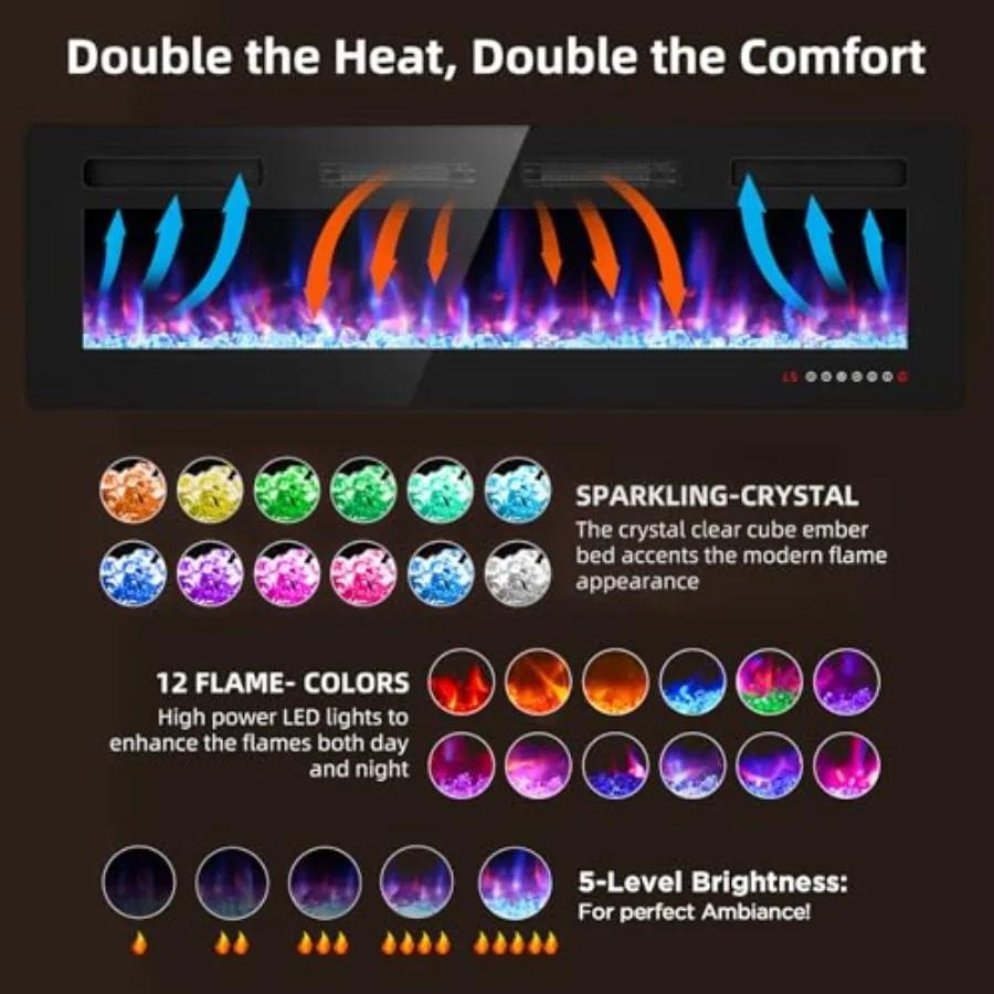 مدفأة كهربائية رفيعة للغاية مقاس 50 بوصة لغرفة المعيشة وغرفة النوم والمكتب قائم بذاته أو سخان مثبت على الحائط مع جهاز تحكم عن بعد