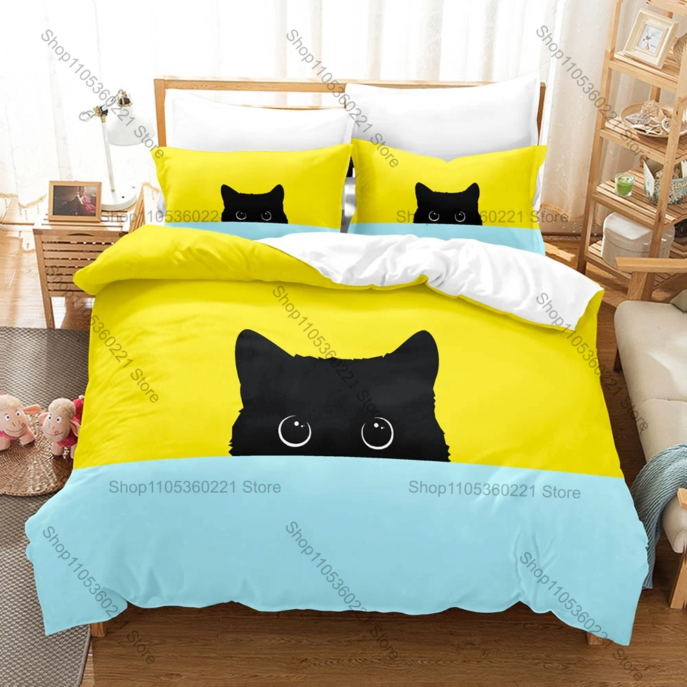 Cool Vintage Sketch Artistic Cat Pattern Duvet Cover + 2 Pillowcases Soft Microfiber Cute Animal Themed Room Bedding