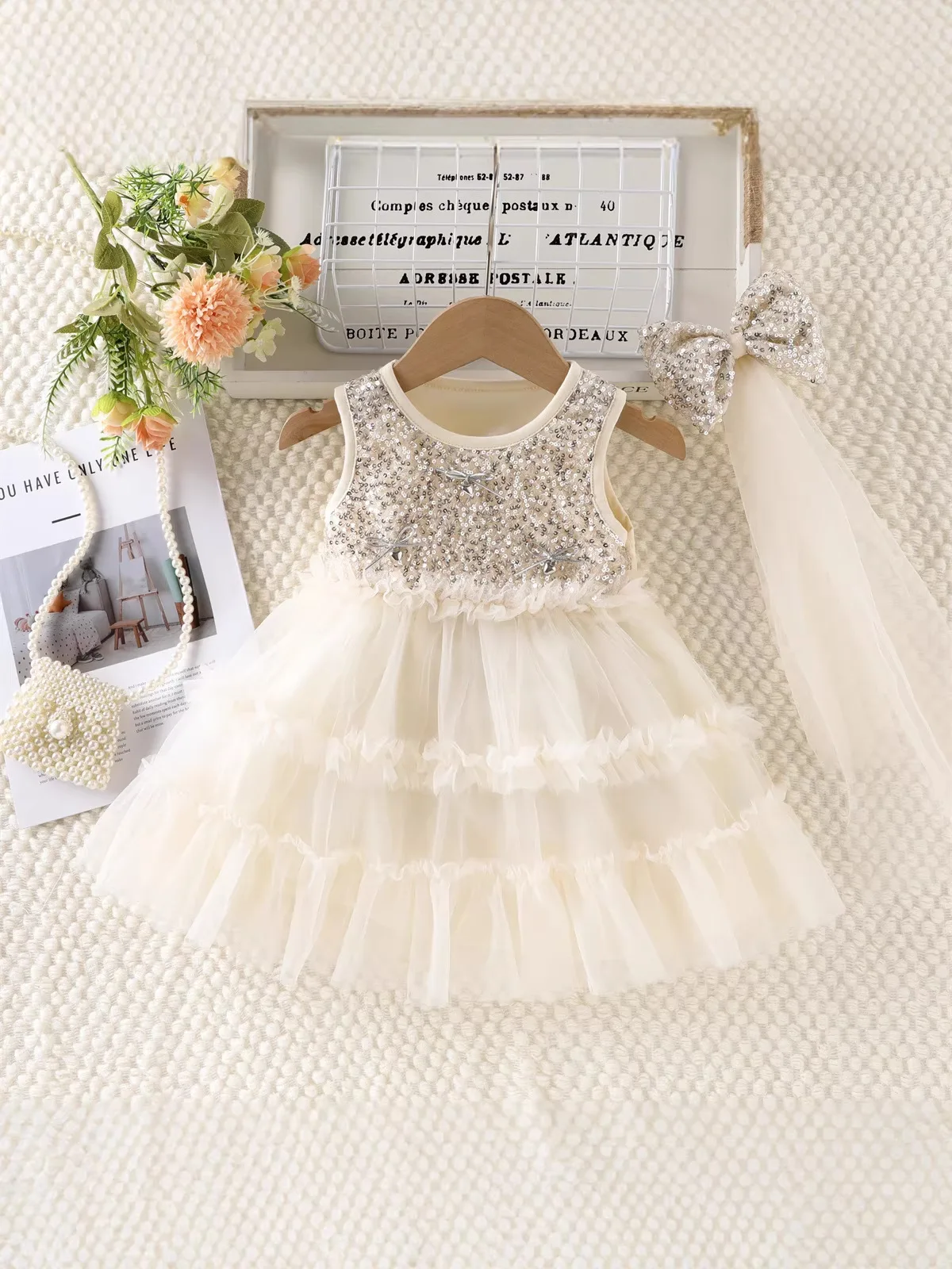 2026 New Summer 1-5Y Childrens Dress Sequin Tulle Sleeveless Girls Dress with Bow Decorations and Matching Sequin Veil