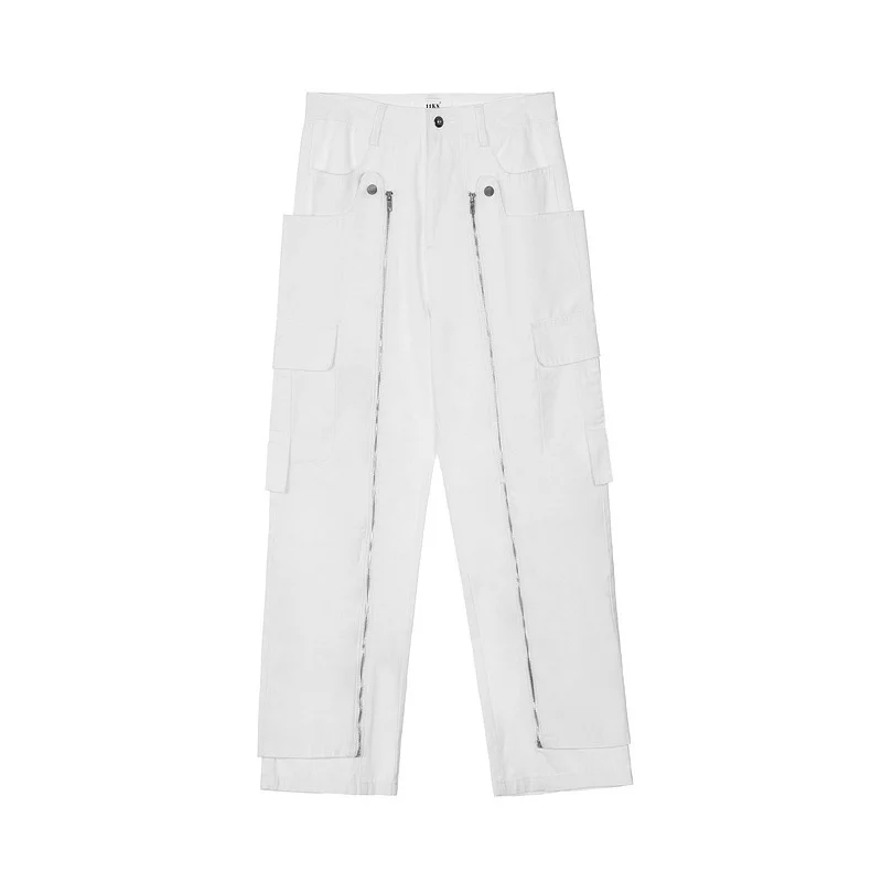 Men's 2022 Mid Straight Pants Multi-pocket Splicing Zipper Streetwear Fashion Trousers Hip-hop Style Long Pants Chic New