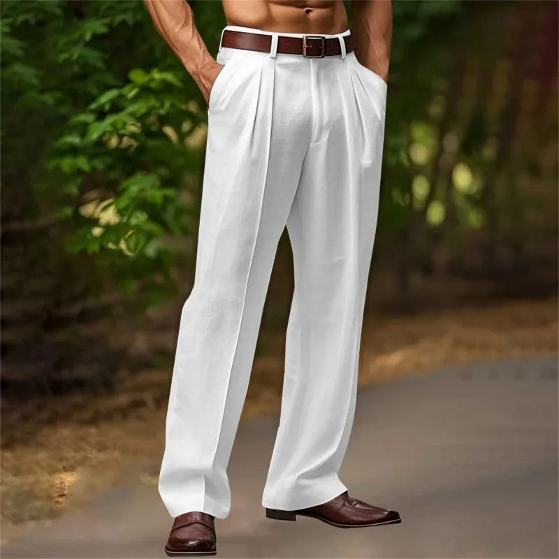 

KIDWHXR Man Trousers Casual Italian Style High Waisted Men Suit Pant Thin Breathable Pleated Pocket Male Straight-leg Pant