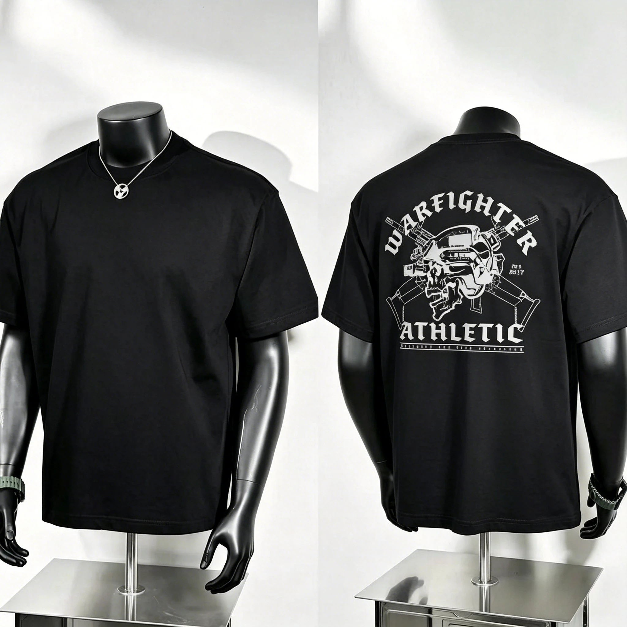 Combat Enthusiast Graphic T Shirt, Warfighter Athletic Skull with Tactical Helmet and Cross Guns Back Print, Tough Military Tee