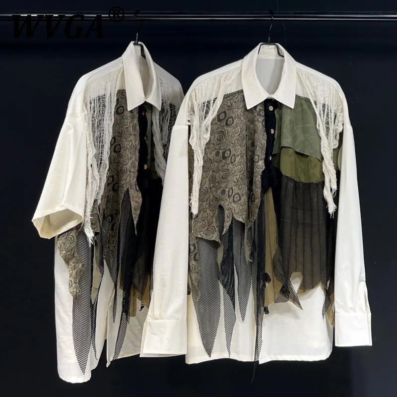 

WVGA Summer New Man Tide Street Patchwork Mesh Design Trendy Turn-Down Collar Shirt Niche Chic Casual Short Sleeve Top Ins W9548