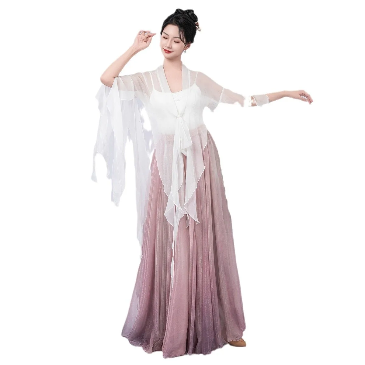 ชุดเต้นรำคลาสสิกสำหรับผู้หญิง เสื้อผ้าผ้าโปร่ง ชุดฝึกซ้อมเต้นรำพื้นบ้านจีน เสื้อคลุมแขนทรงแตร ชุดแสดงที่สง่างาม