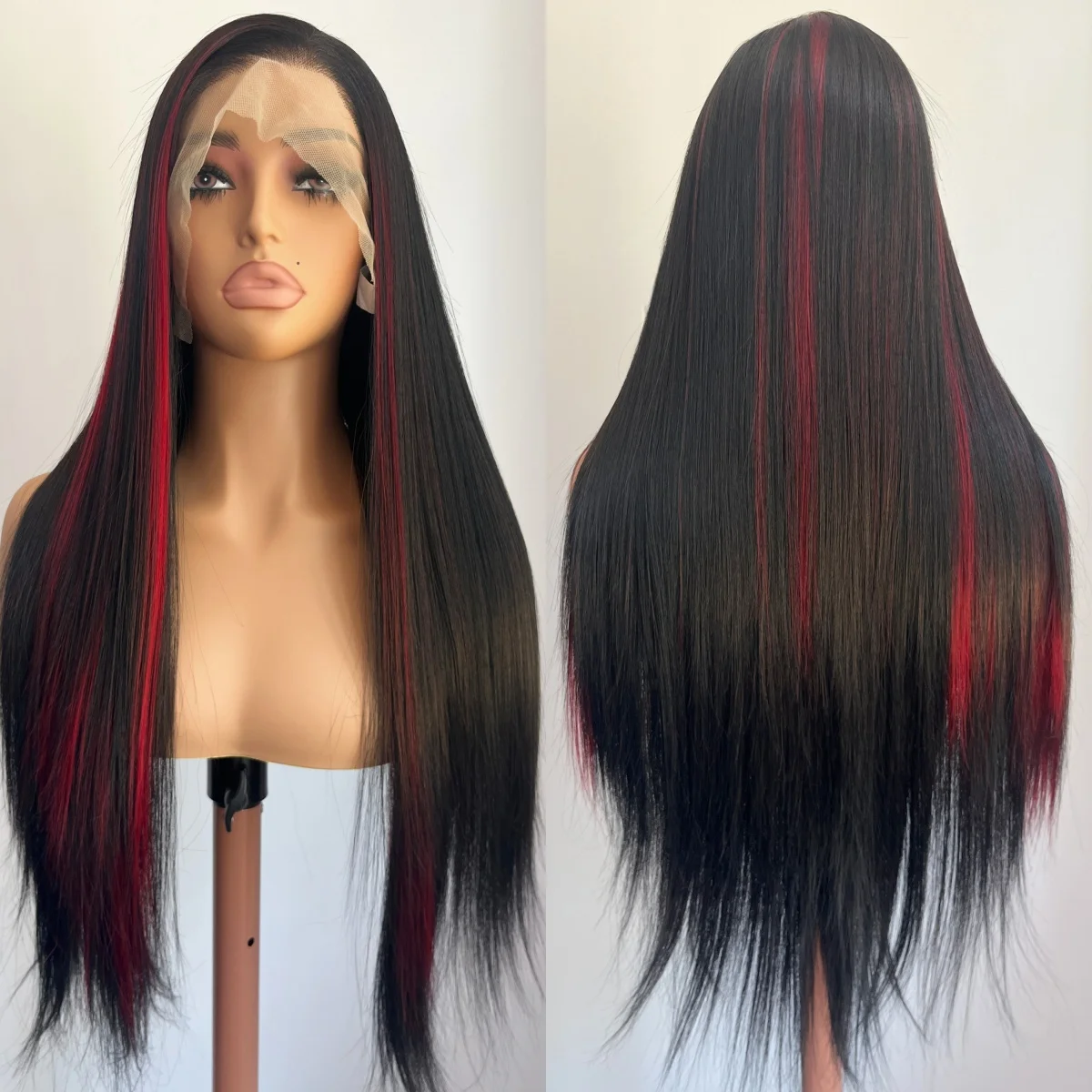 Long Straight Highlights Wig Black Red Lace Front Synthetic Wig Natural Hairline Heat Resistant Fiber for Women Daily Party