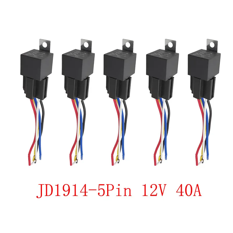 5Pcs JD1914 Car Relay 5 Pin 12V 40A Waterproof Automotive Relay  with Black Red Copper Terminal Auto Relay Socket 5 Wires