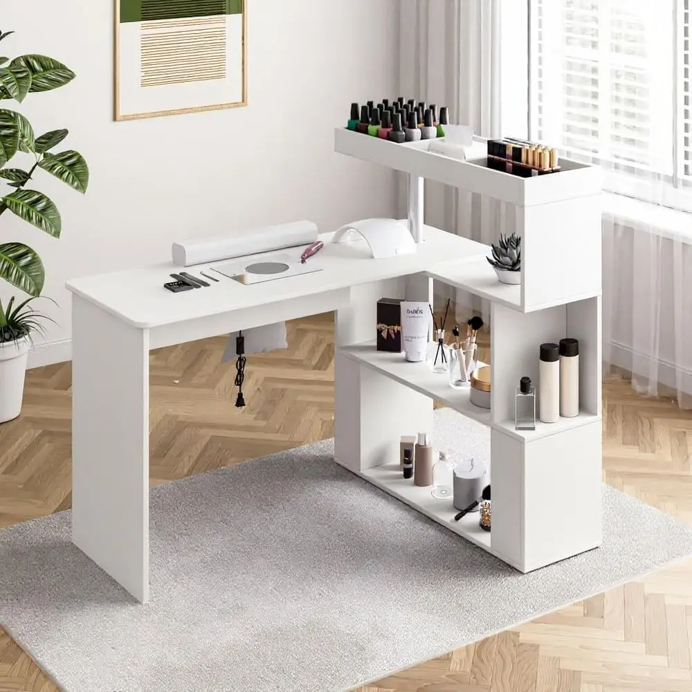 L-Shaped Manicure Table with Dust Collector, Rotating Desk and Storage, Acrylic Resistant Nail Technician Station, White