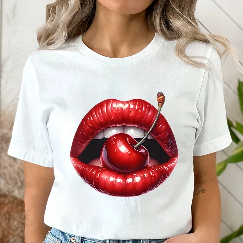 Cherry Sexy Lips Funny Woman T-shirts Watercolor Graphic Casual Tops Short Sleeve Tees Aesthetic Red Lips Trendy Female Clothing