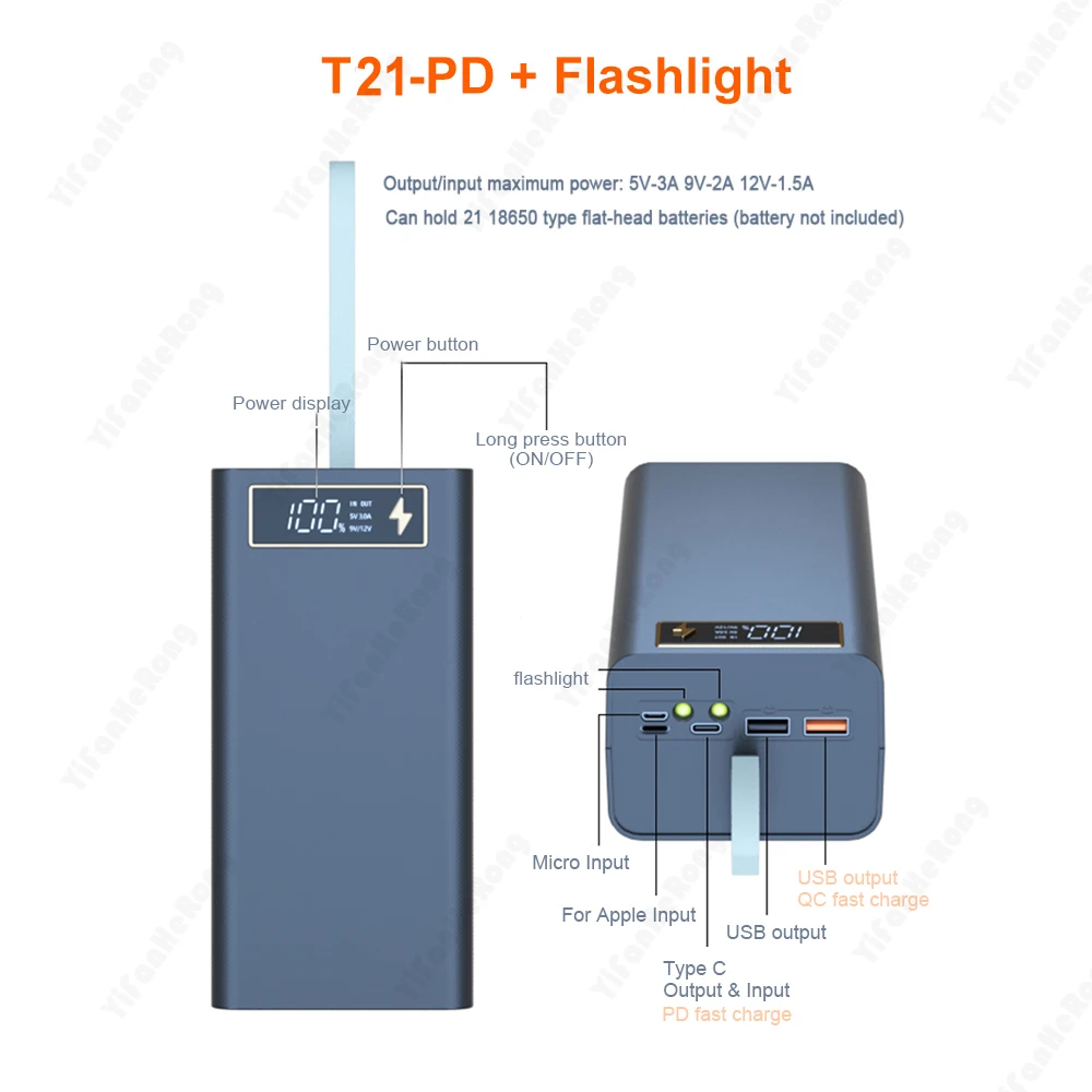 21x18650 Battery Charger Box with Flashlight Power Bank Holder DIY Shell Case Dual USB 18650 Battery Shell Storage Organize T21