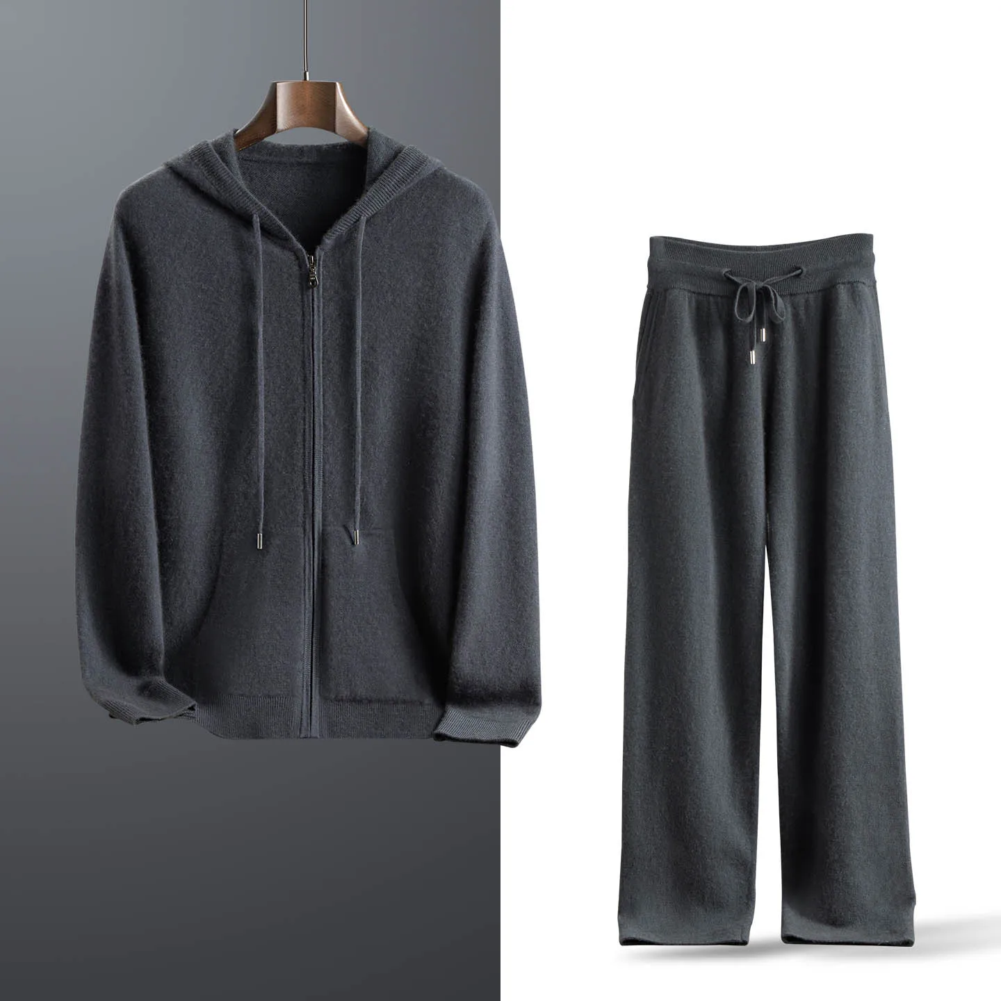Men's 100% Cashmere Suit Hooded Cardigan Straight Trousers Two-Piece Set Sweater & Pants Autumn Winter High Quality Knitwear