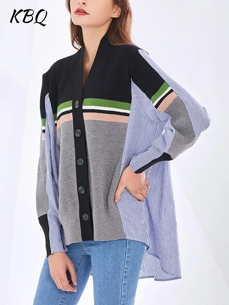 

KBQ Colorblock Striped Blouses For Women V Neck Long Sleeve Single Breasted Irregular Hem Casual Blouse Female Fashion Clothes