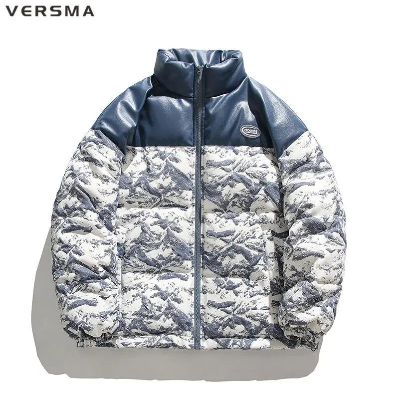 VERSMA Korean Ulzzang Camouflage Print Pu Stitch Winter Jacket Coat Men Hip Hop Warm Thick Waterproof Russian Winter Parkas Men