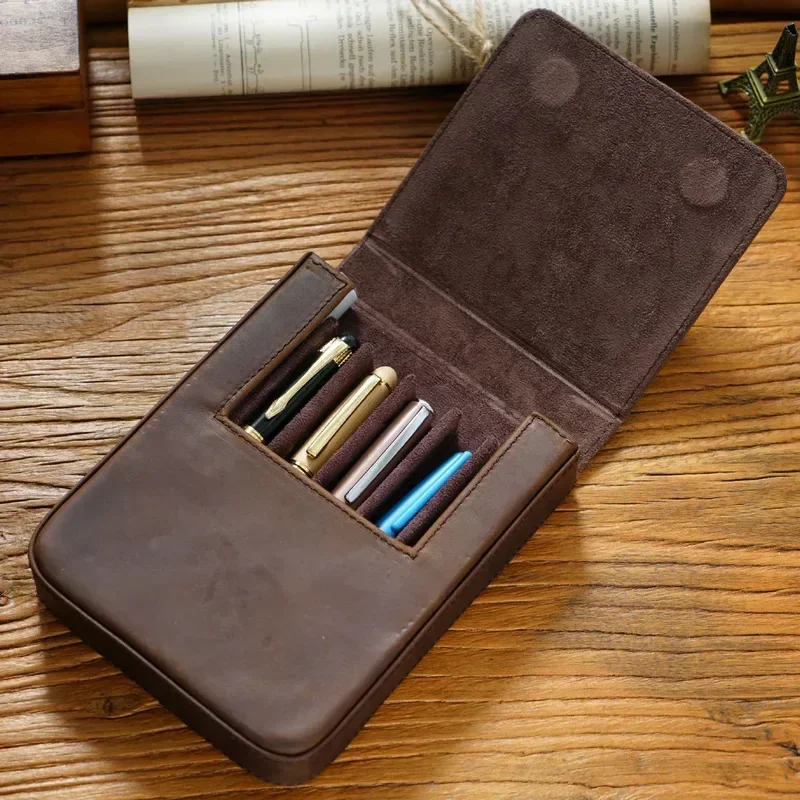 New Luxury Genuine Leather 6 Slots Pen Case With Removable Pen Tray Holder Pencil Case School Office Supplies Retro Pen Box Pouc