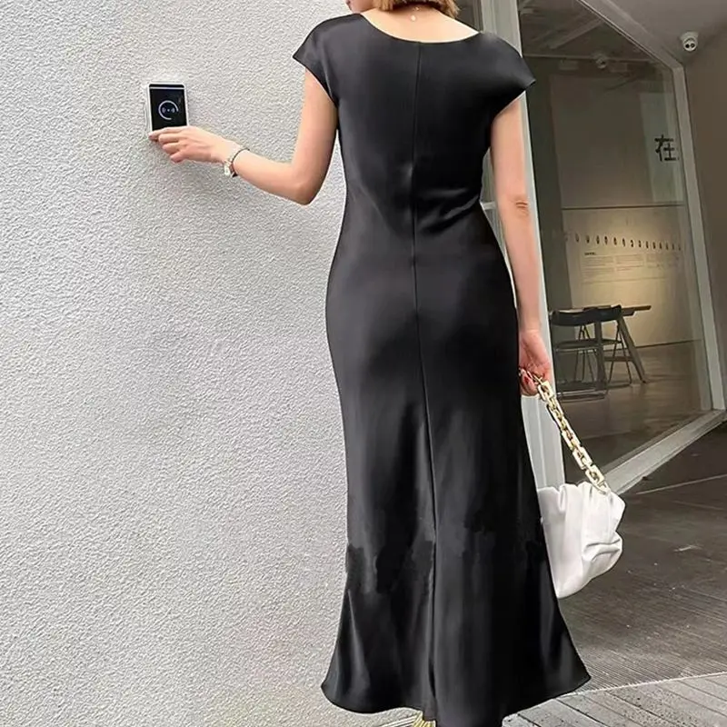 Vestido largo de satén de acetato para mujer, traje Sexy de fiesta sin mangas, elegante, a la moda, para verano