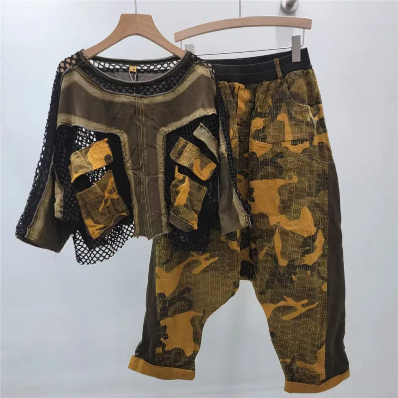 Women Fishing Net Splicing Camo Contrast Color Mesh T-shirts Vintage Gauze Tees Hollow Out Crop Tops + Haren Pants 2Pcs Sets