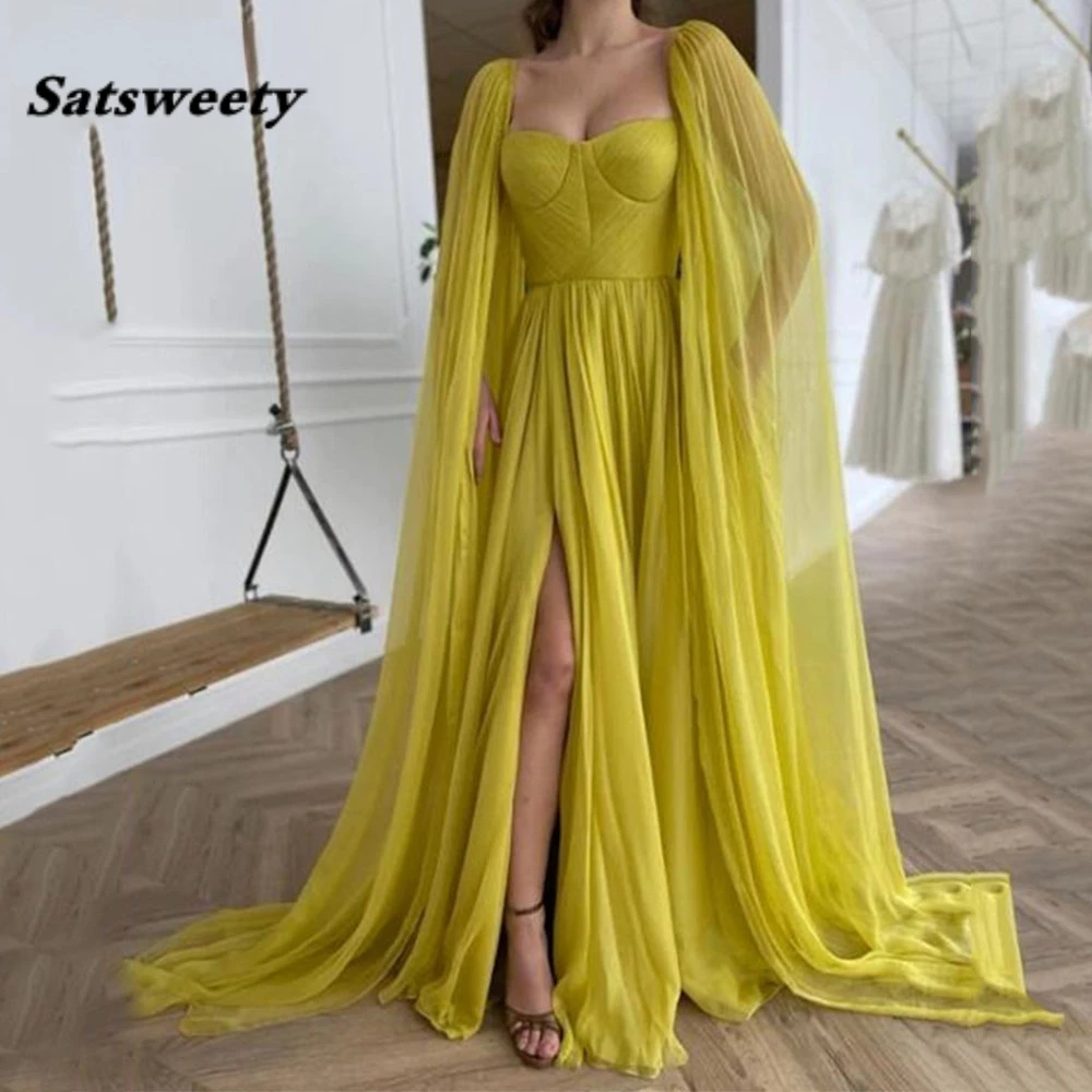 Yellow Long Cape Sleeves Chiffon Bohemian Prom Dresses 2024 Backless Vintage Square Neck Side Split Party Gowns Plus Size