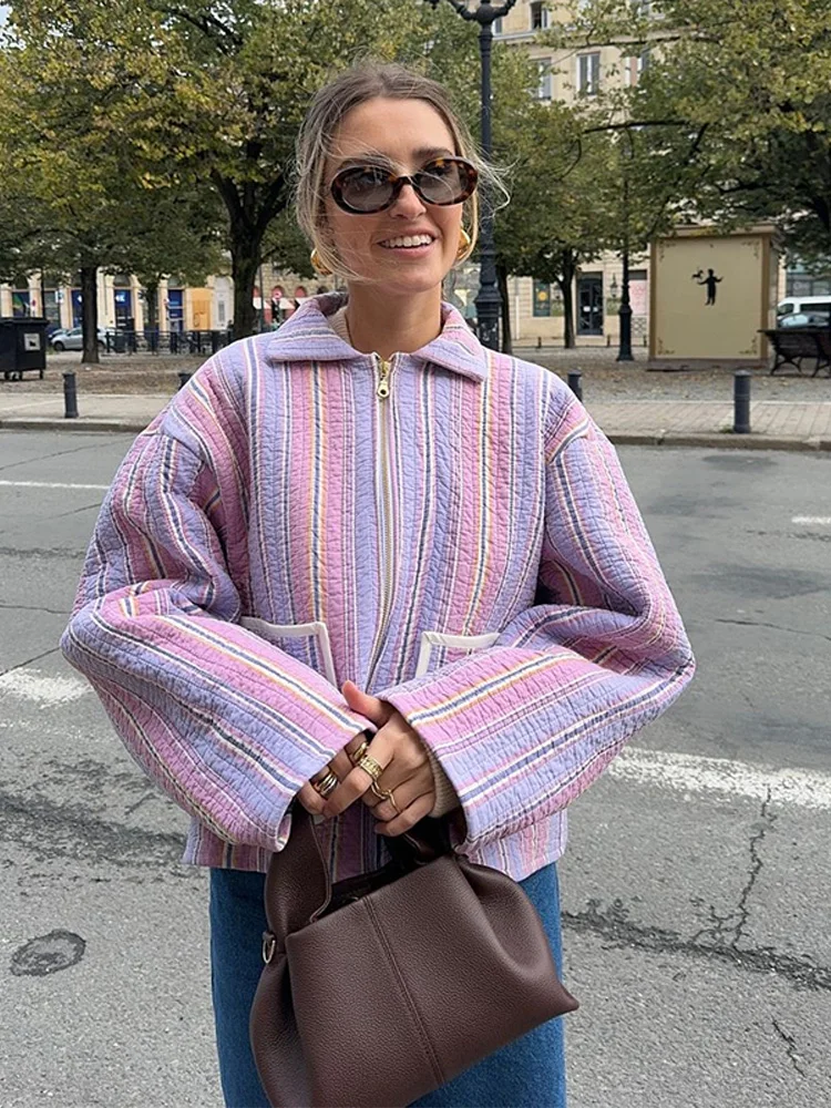 Colorful Striped Cotton Jacket Women Lapel Collar Full Sleeve Zipper Patch Pockets Coat 2025 Autumn Female Casual Streetwear