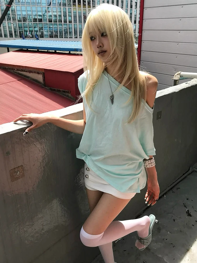 Weird Puss Solid Loose t-Shirt Simple Women Slanted Shoulder 2026 Summer New Trend Daily Commute Casual Comfortable Streetwear