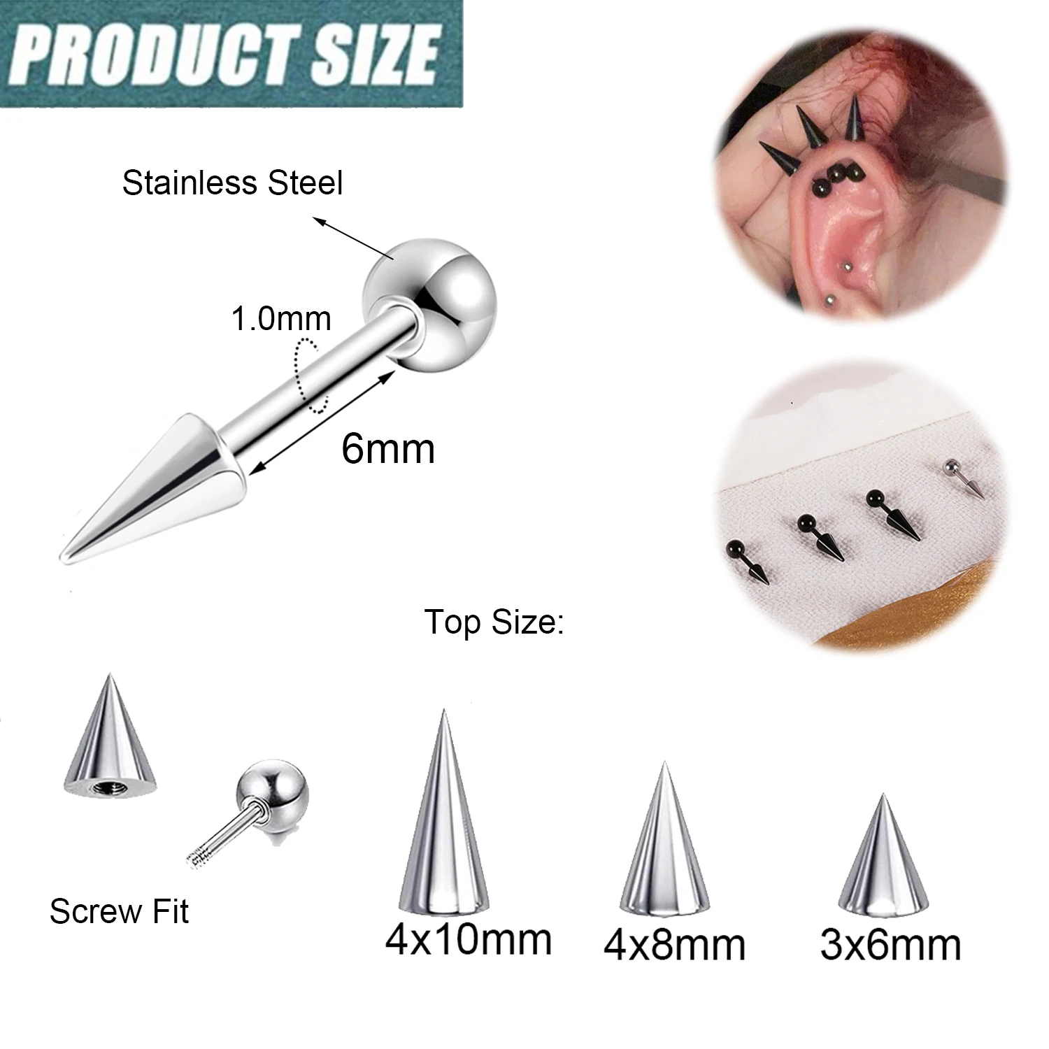 ZS 10Pcs/lot 18G Long Spike Stud Earring Stainless Steel Ear Studs Gold Color Cartilage Earring Punk Rock Helix Conch Piercings