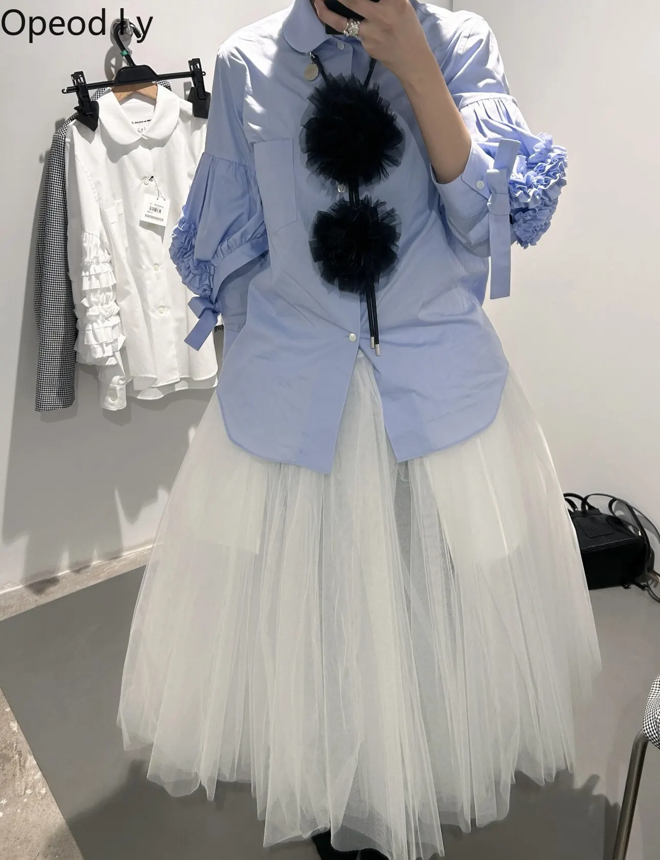 

Japanese Fashion Women's Shirt Top 2026 Spring and Summer Sweet Pleated Cute Doll Collar Bow Sleeve Blouse Women