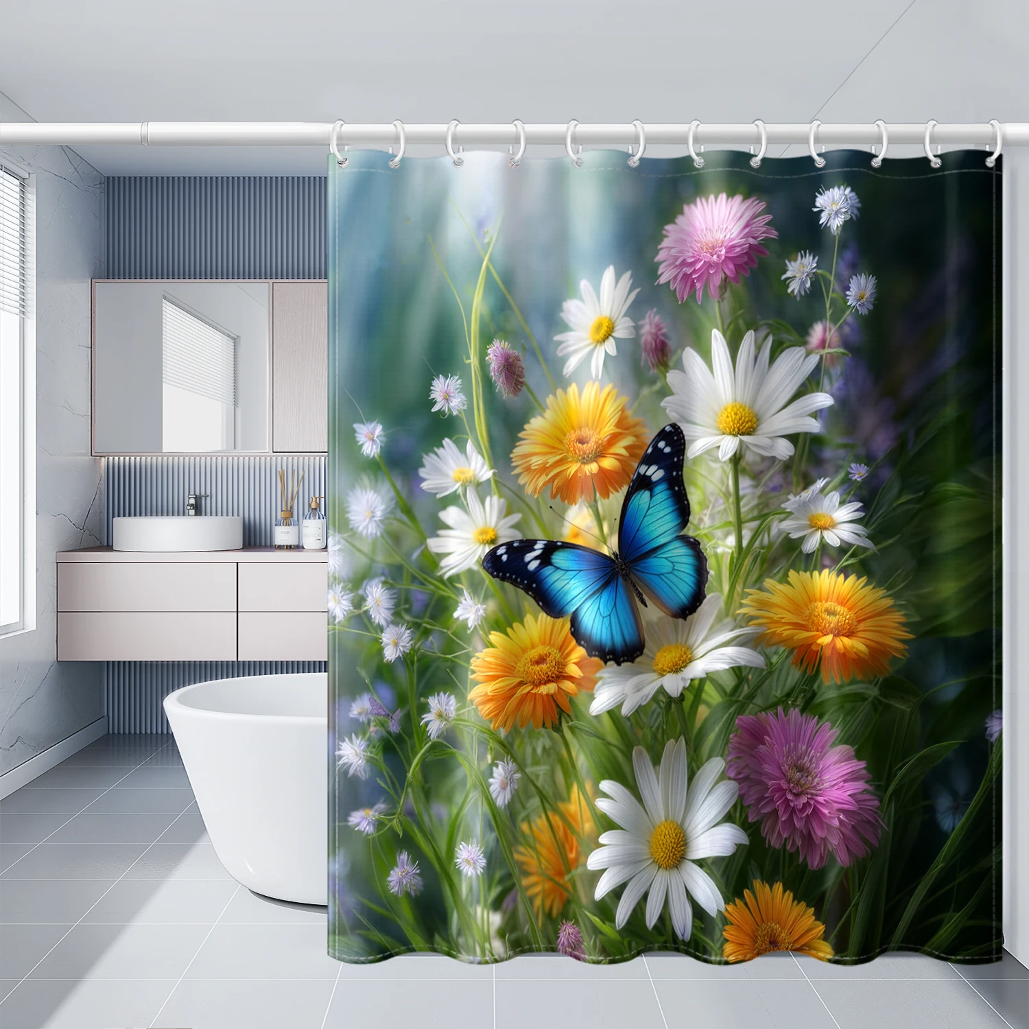 4-piece set of butterfly and daisy waterproof printed shower curtains with 12 hooks, bathroom floor mats
