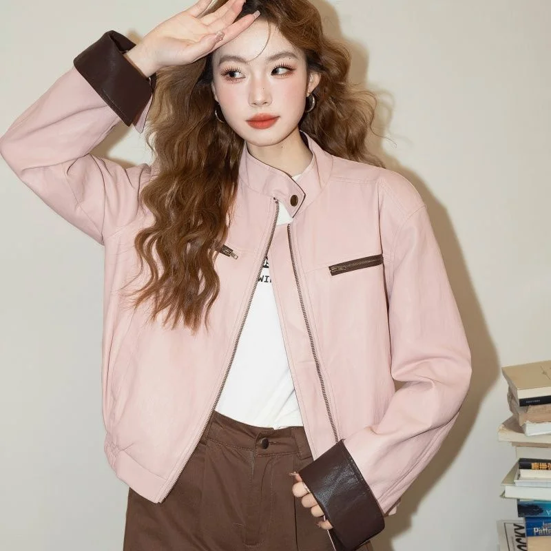 Korean Women Color Blocking Pu Leather Autumn Female Loose Faux Leather Outwear Spring Lady Stand Collar Leather Top Coat