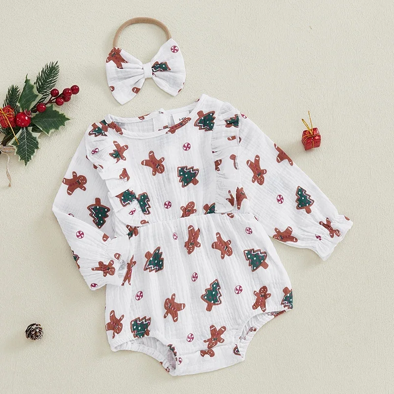 Baby Girls  Gingerbread Christmas Romper Print Long Sleeve Jumpsuits Headband Set Cute Newborn Clothes Outfits