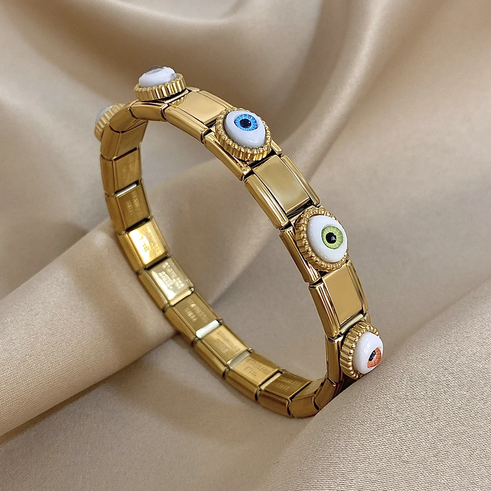 

DODOHAO Evil Eyes Stretch Bracelets Turkish Eye Vintage Elastic Bangles Gold/Silver Color Fashion Stainess Steel Jewelry
