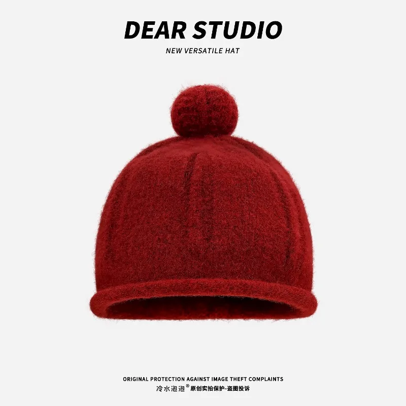 Simple Fur Ball Design Rolled Edge Knitted Hat for Women Autumn and Winter Warm Ear Protection Solid Color Skull Beanie Caps
