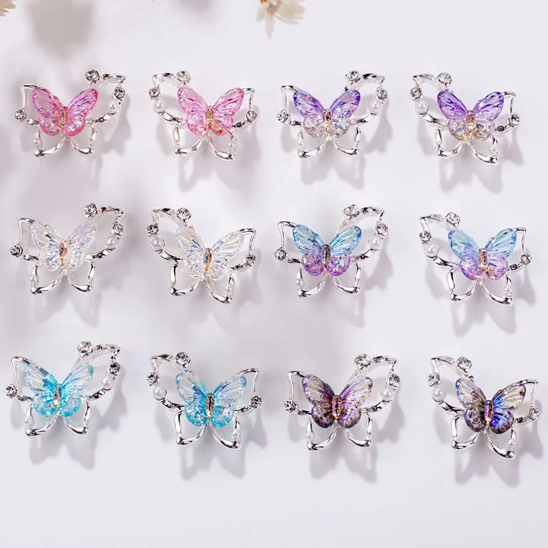 10 pçs borboleta encantos do prego ouro prata acessórios do prego material de liga resina peças do prego para manicure imprensa em unhas com gel