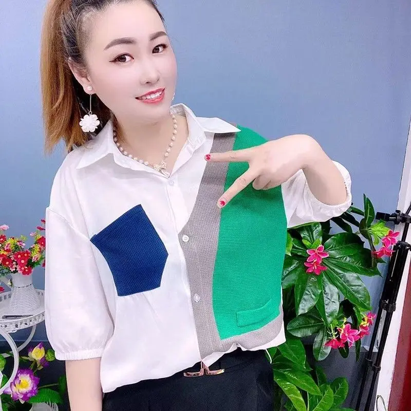 

Splicing Polo Collar Short Sleeves Shirt Summer Casual Contrast Colors Drawstring Waist Cinched Tops Fashion Clothes for Women