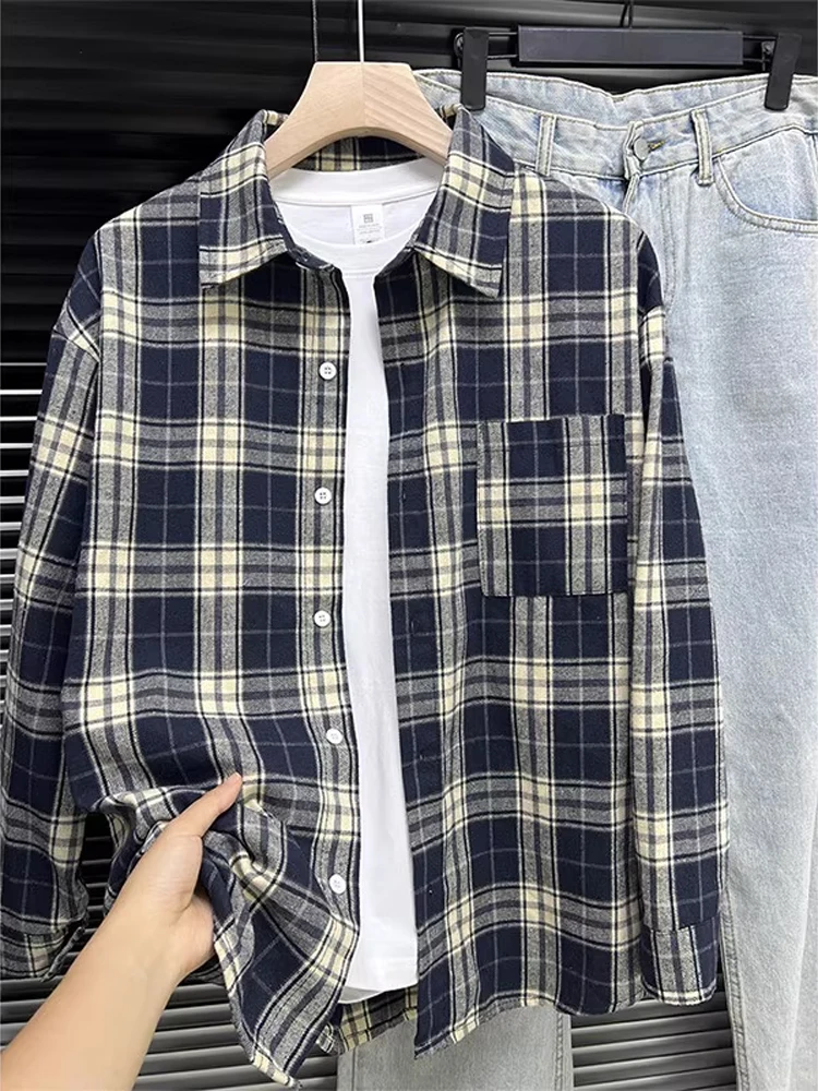 Autumn Aosphere Plaid Long Sve irt Men's Loose Casual Outerwear American Lazy Sle Button up Cotton Polyester Blend