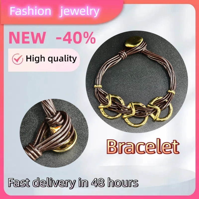 

Spanish original jewelry Gold plated geometric Circle bracelet Multi-layer brown leather cord woven vintage-style accessories