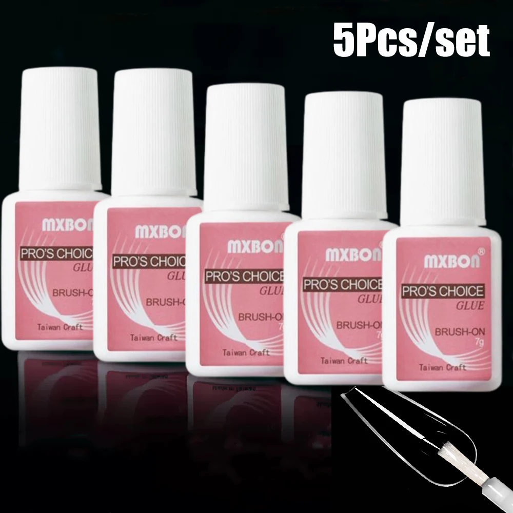 

5pcs/set Quick & Extra Strong Brush-On Nail Glue Professional Super Adhesive For Acrylic Nails Tips - 7ml/0.23OZ For Each Glue