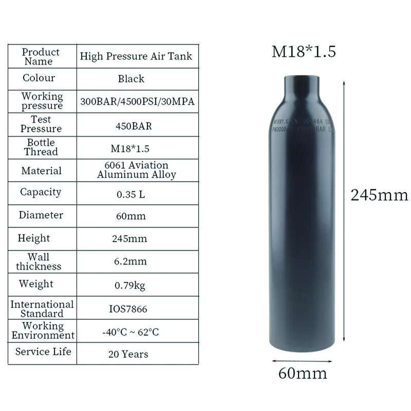 HPA Scuba Air Tank CO2 Bottle Cylinder 0.22L 0.3L 0.35L 0.45L 4500psi 30MPa 300bar M18*1.5 Regulator Output 160psi To 3000psi view 5