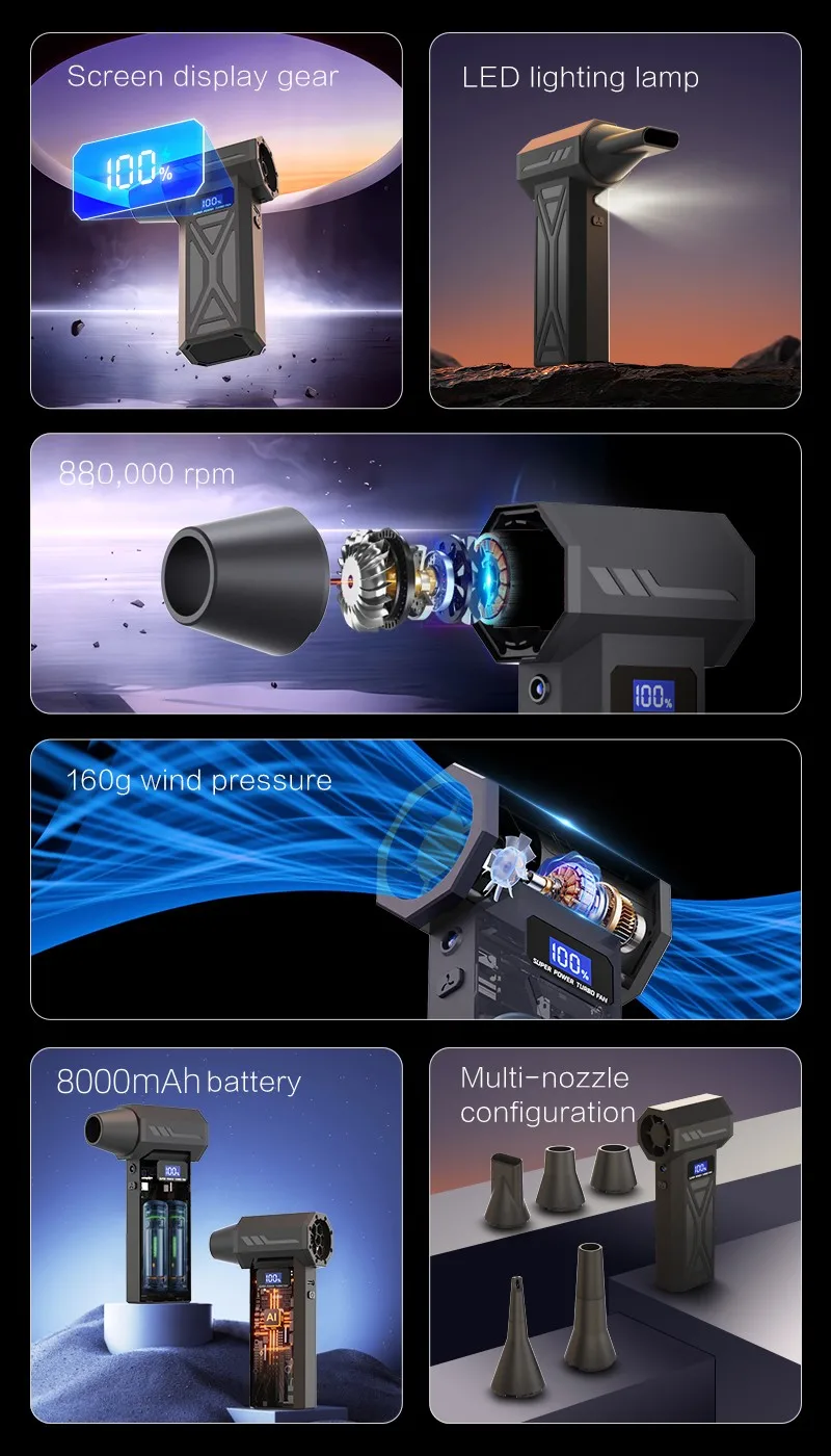 P70 야외 휴대용 블로워 터보 팬 160g 풍압 강력 먼지 블로워 진공 제트팬 LED 조명 배터리 디스플레이 포함