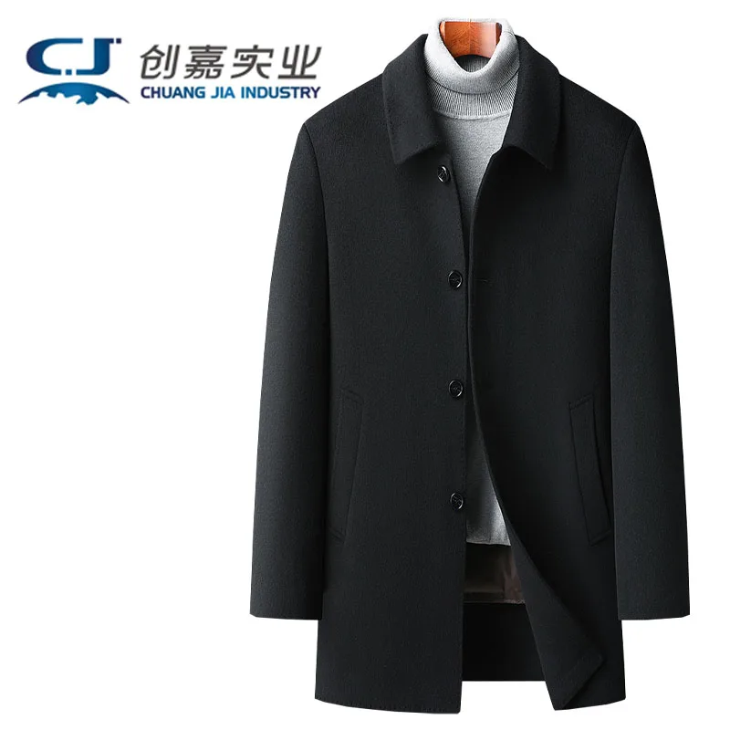 

New Autumn and Winter Men's Double-sided Cashmere Coat 100% Wool Down Lining middle-aged Simple Black Lapel Thick Warm Coat