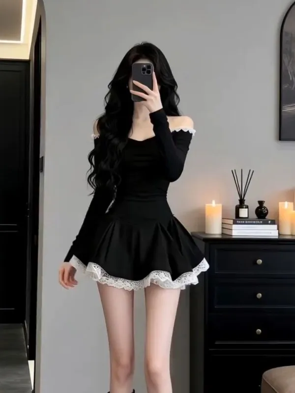 

Ele Bla-oulder Long Sve Dr Women's Autumn Winter New Sle Waist Cinching Slimming Ruffle ort Skirt