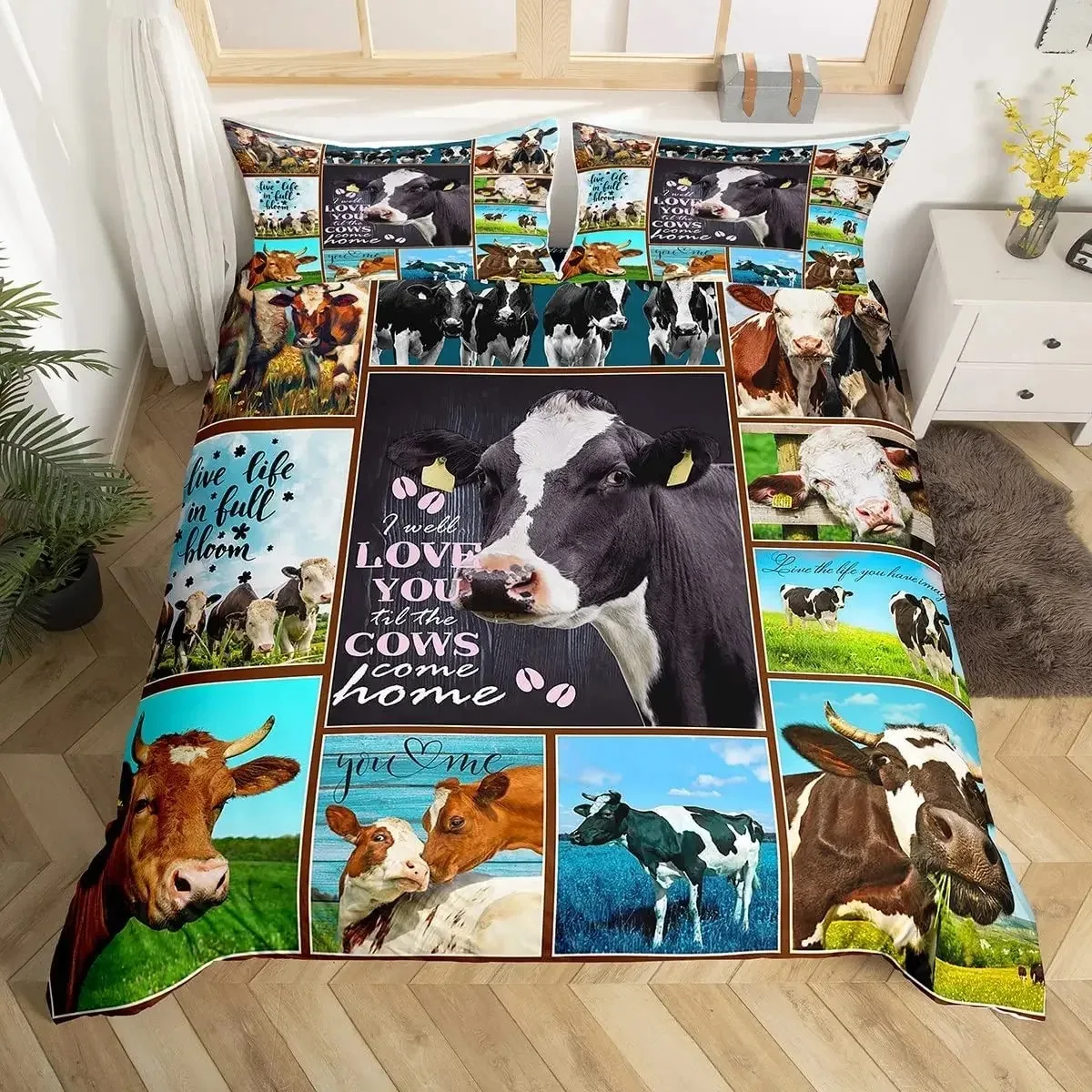 Cows Duvet Cover Set Black and White Milk Cow Print Comforter Cover Animal Theme Bedding Set Room Decor Pink King Quilt Covers