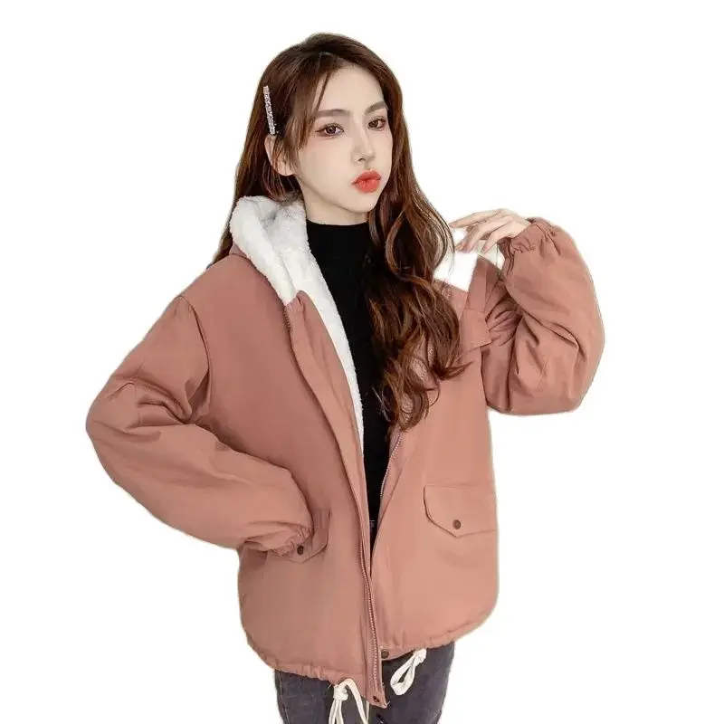 

Lamb Fleece Cotton Coat Female Parker Add Velvet Thick Autumn Winter Jacket Korean Style Fashion Hooded Women Outerwear Tooling