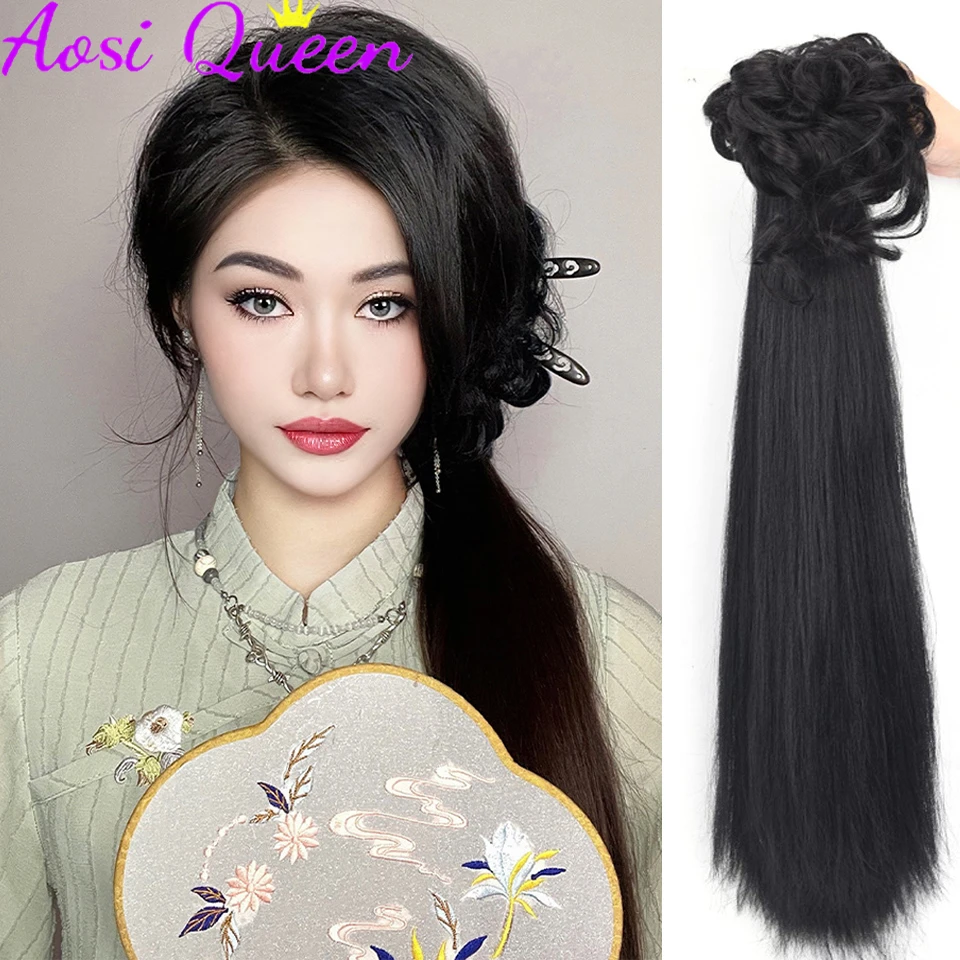 

AOSI Wig Ponytail Female New Chinese Style Low Ponytail Clip Republic Of China Style Retro Coiled Hair Fake Ponytail