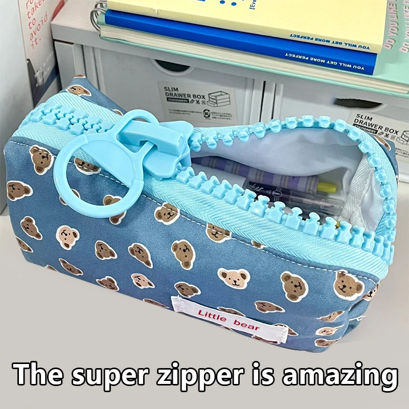 Cute Big Zipper Stationery Box Color Print Little Bear Pencil Case Thickened Edging Large Capacity Portable Storage Cosmetic Bag