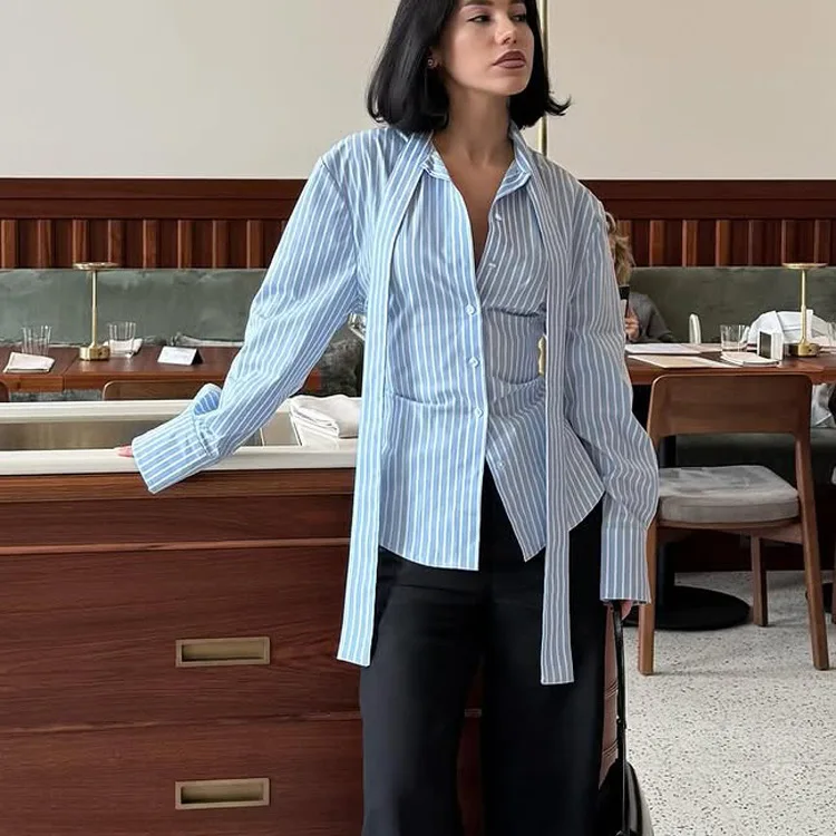 European And American Women's Striped Collared Shirt, 2026 New Design, Waist-Cinching, Long-Sleeved, Tie-Front Cardigan Blouse