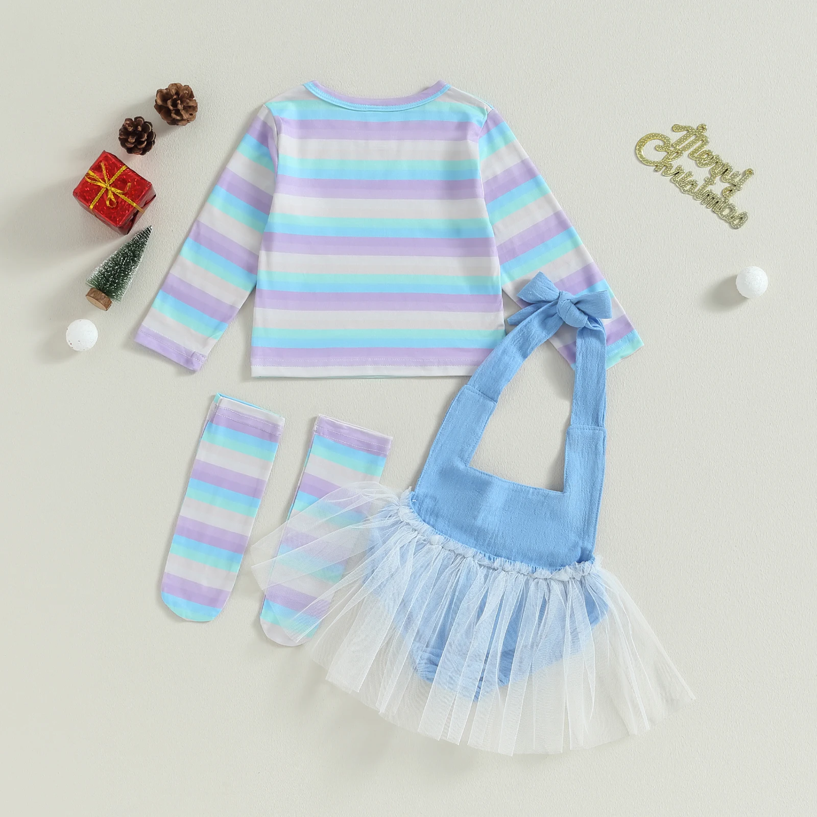 Toddler Kids Girl Halloween Costume Rainbow Stripe Print Long Sleeve Tops + Letter Romper +Socks 4PCS Clothes Set